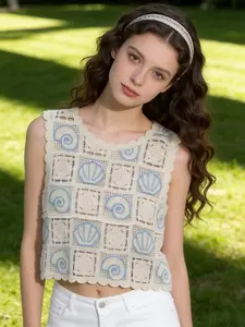 Summer New Women's Knitted Vest Top, Vintage Embroidered Loose Fit Round Neck, Casual Fashion Long Sleeve Pullover