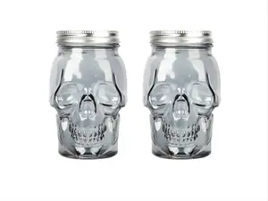 Skull Mason Jar with Lid, 4-Piece Set (2 skull Mason Jars & 2 Lids) 16oz, Smoke