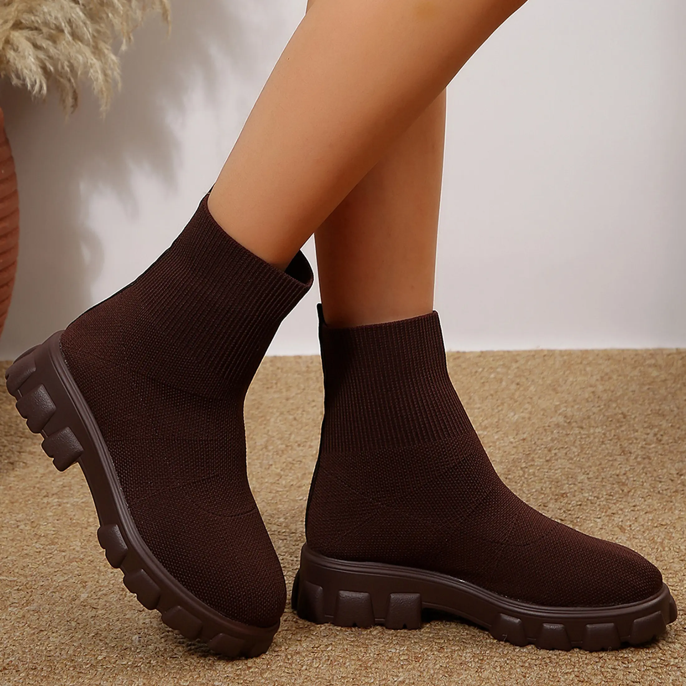 Women's Elastic Knit Sock Ankle Boots Winter Warm Comfortable Platform Walking Shoes Indoor Outdoor
