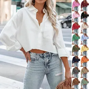 Womens Button Down Cropped Shirts Long Sleeve Casual Crop Tops Solid Lapel Blouse Shirt with Chest Pocket(Sheets)