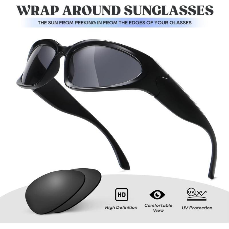 Y2K Glasses & Sunglasses 2000s Retro | Black Rave Party Shades | Futuristic Rimless Wrapround UV400 Polarized Sunglasses for Women Men | Unisex Sports Fashion Sun Glasses