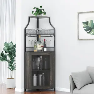 Corner Bar Cabinet, Wine Bar Cabinet with Glass Holder and Large Storage Space, Coffee Bar Cabinet with Mesh Door and Adjustable Shelf