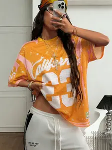 Women's Oversized Star Print Mesh Baseball Jersey, Vintage Street Style Drop Shoulder Tee, Breathable Summer Sport Top For Vacation & Streetwear, Sportswear Top