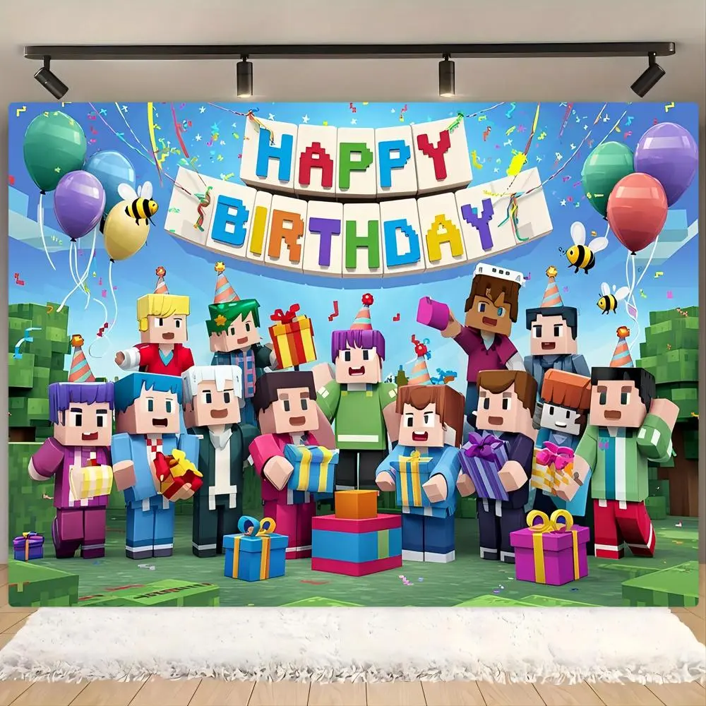 Pixel Adventure Birthday Party Background Banner, 1 Count Birthday Party Decoration Backdrop, Wall Decor for Home Party Garden, Ornaments