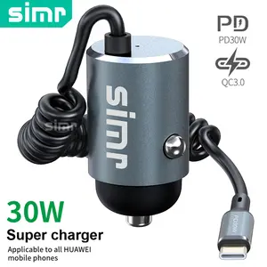 Simr Metal Car Charger with Pd30w Cable, USB-C Fast Charging, Super Fast Type-C Car Charger, Pd3.0 & Qc3.0, 100cm/39.37in Cable for iPhone iPad Samsung