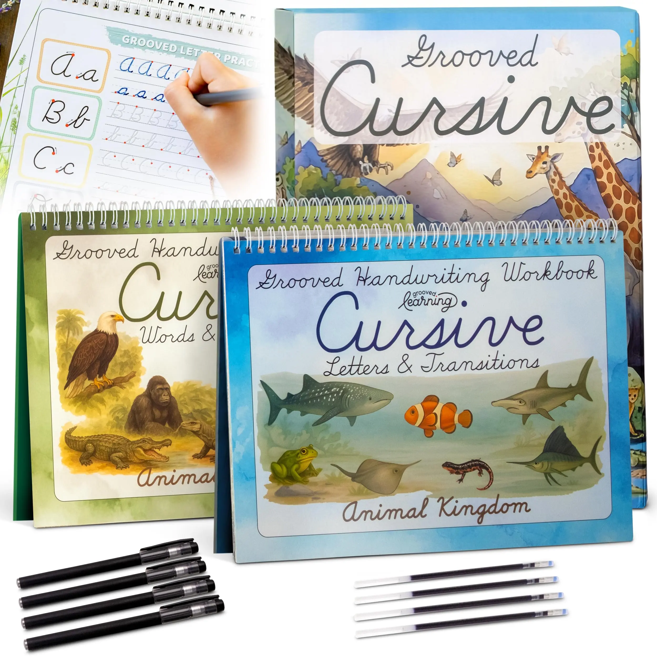 Animal Kingdom Grooved Cursive Learning Activity Set for Kids Ages 3-5+, with 4 Magic Ink Pens, Groove Tracing, Reusable Pages, Build Confident Cursive Muscles, Elementary School Office Stationery