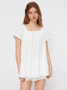 Square Neck Solid Ruffle Knotted Short Sleeve Blouse