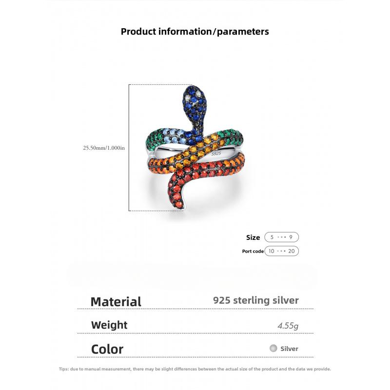 Colorful CZ Snake Ring S925 Sterling Silver Sweet Cool Style Women's Statement Jewelry Adjustable Size for Daily Wear