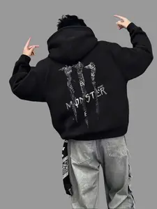 Monster Text Patchwork Graphic Hoodie | Heavyweight Fleece Streetwear Sweatshirt, Y2K Aesthetic Streetwear Oversized Sweatshirt