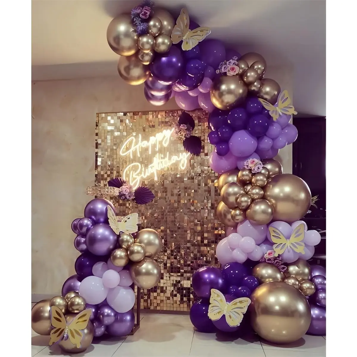 Purple Feminine Balloon Garland Kit - Dark, Metallic Gold Balloon Arch, Lavender Decorations for Baby Girl Birthday, Wedding Backdrop