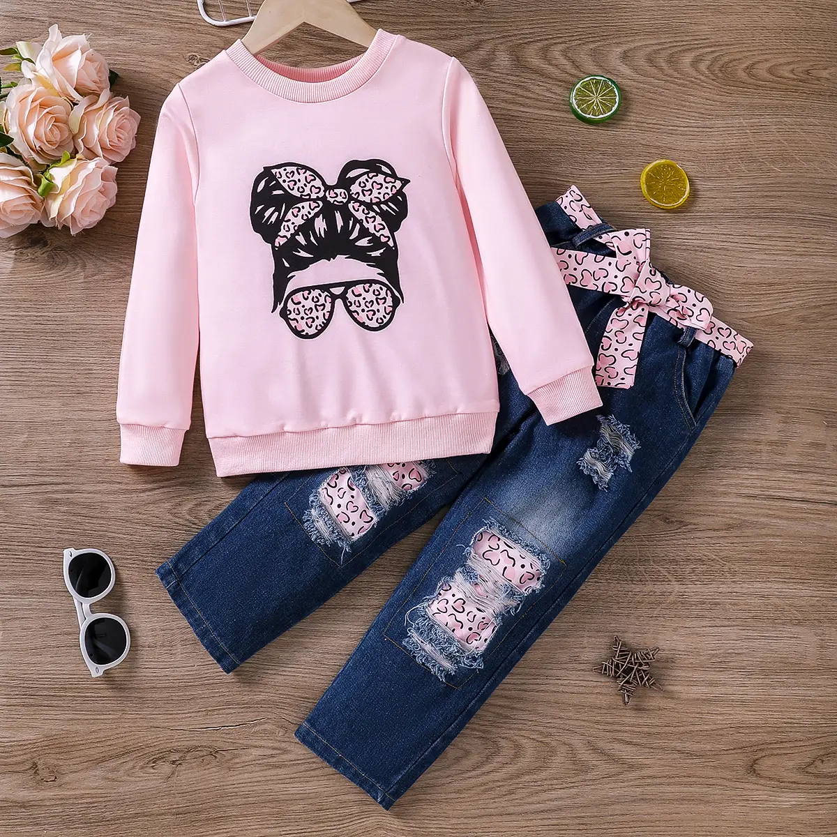 PatPat 2pcs Toddler Girl Trendy Patchwork Ripped Denim Jeans and Figure Print Sweatshirt Set