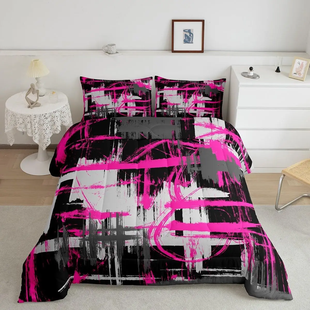 Queen Comforter Set - Queen Size Soft Microfibre Bedding with Abstract Stripe Geometric Art (Hot Pink, Black, Grey), Decorative Pillow, Digital Print, Breathable Luxury Fabric, Machine Washable, Modern Bedroom Artistic Touch (Multi-Size Available)