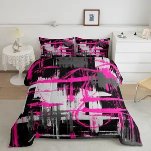 Hot Pink Black Grey Designer Comforter Set,Abstract Art Comforter,Modern Striped Luxury Bedding Set,Geometric Duvet Set Home Decor Decorative Pillow