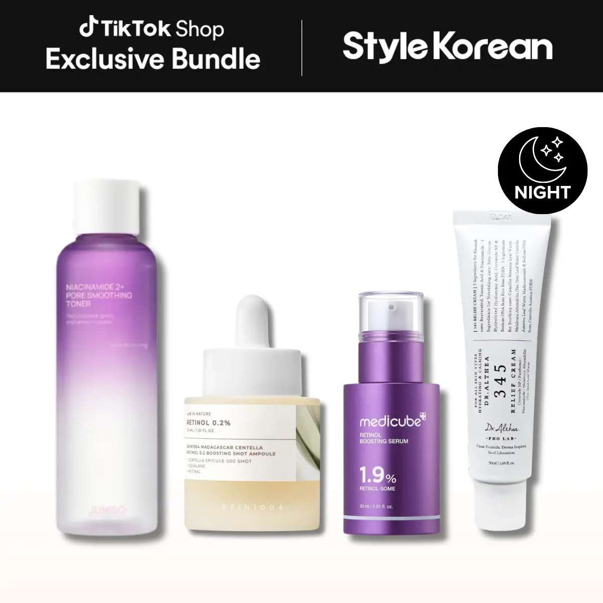 [StyleKorean] Nighttime Retinol + Niacinamide Set - [Jumiso] Niacinamide 2+ Pore Smoothing Toner 205ml + [SKIN1004] Madagascar Centella Retinol 0.2 Boosting Shot Ampoule 30ml + [MEDICUBE] Retinol NMN Boosting Serum 30ml + [Dr.Althea] 345 Relief Cream 50ml