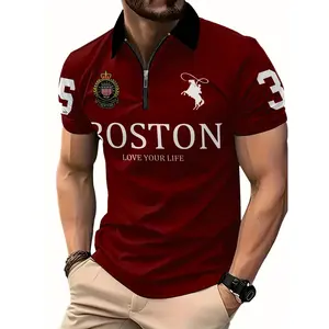 Boston Men's Stylish Regular Polo Top, Menswear Short-Sleeve Knit Stretch Polyester Fabric, Casual Summer Style with "BOSTON" Graphic, White & Black Accents, Machine Washable, Tropical Wetsuit LH 760144