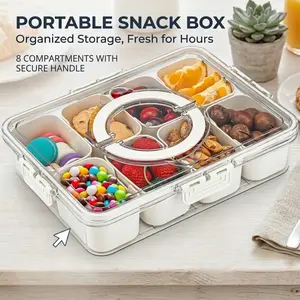 Portable 8-Compartment Snack Box with Secure Handle, Leak-Proof Divided Serving Tray, Airtight Food Storage Container for Travel, Picnic, and Party Platters