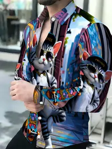 Men's Breathable Lapel Long Sleeve Cardigan with Cartoon Skater Cat Graffiti Print