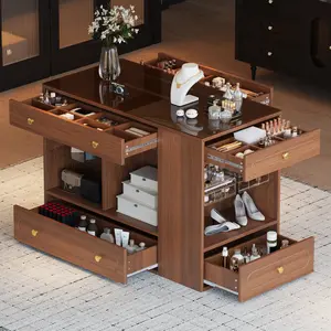 Walk-in Closet Island - 6 Drawers, Glass Display Top, Open Shelves, Compartments, Wardrobe Armoire, Jewelry Storage Vanity for Bedroom, Cloakroom