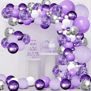 144-Piece Round Lavender Metallic Purple Rubber Confetti Latex Balloons Garland Arch Kit, Including Silver-White Balloons and Tape, for Bridal Shower, Wedding Party Decorations, Balloon Arch