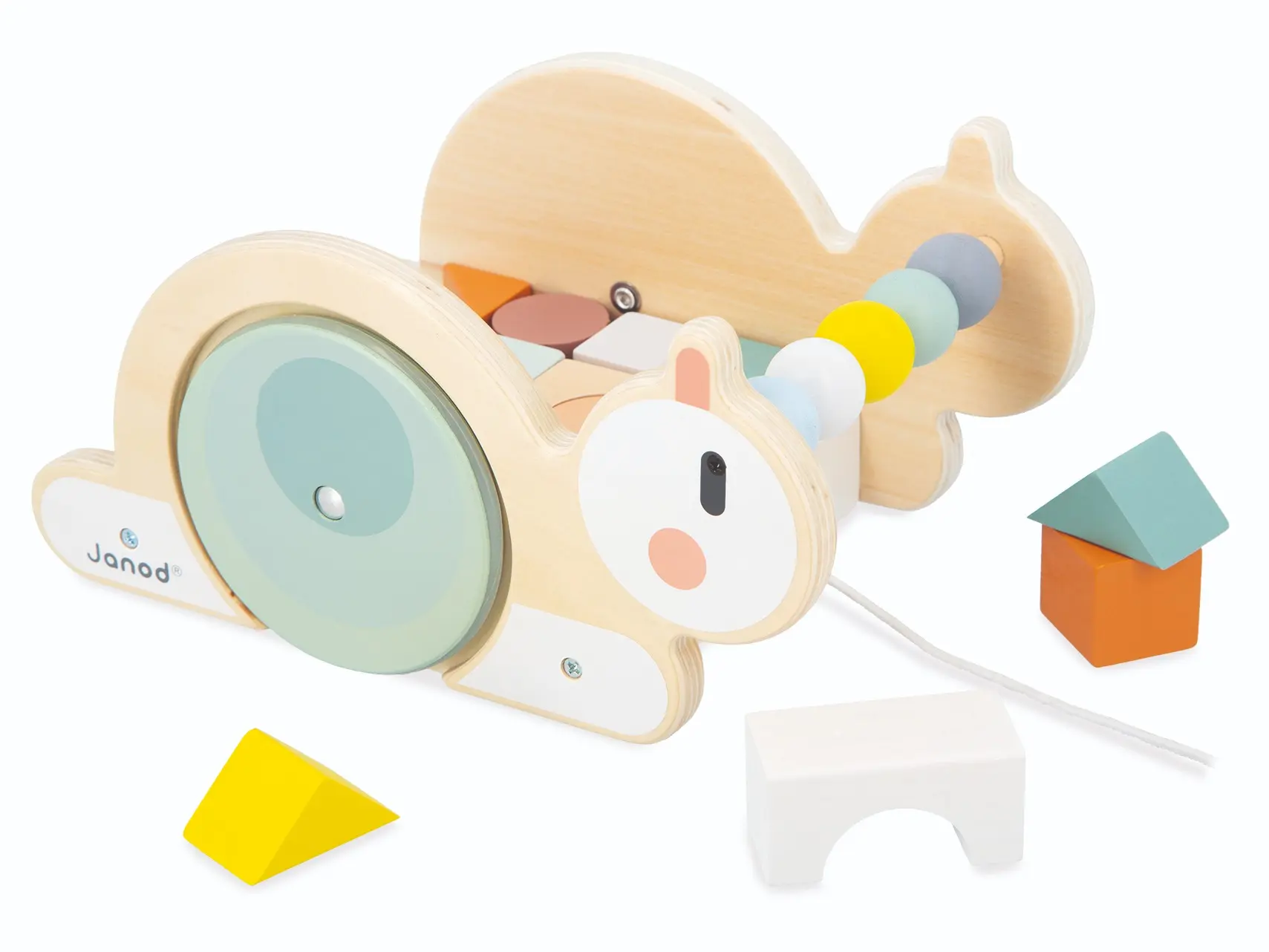Janod SWEET COCOON - PULL-ALONG SNAIL CUBE TROLLEY with 16 Soft-Coloured Wooden Cubes for Imaginative Play
