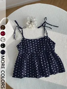 Women's Polka Dot Tie-Strap Camisole, Adjustable Tie Shoulder Straps & Smocked Back Detail & Flowy Ruffled Hem & Timeless Polka Dot Print，babydoll tops，1pc