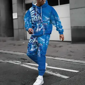 2-piece autumn and winter new tiger pattern men's two-piece casual set, hooded long sleeved sweatshirt, long sleeved pants sportswear, knitted fabric, comfortable and lightweight