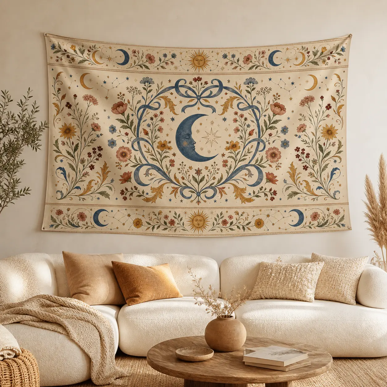 Bohemian Floral Vine Tapestry, Lightweight Linen Fabric, Celestial Sun Moon and Star Wall Hanging, Cream Boho Wall Art for Bedroom, Living Room or Dorm