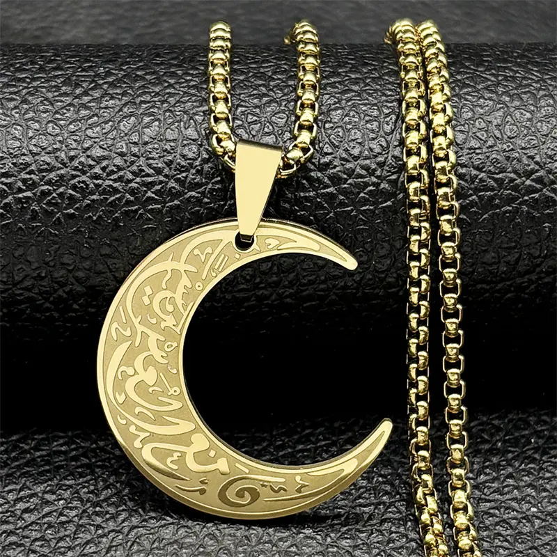 Unisex Crescent Moon Religious Islamic Symbol Pendant Necklace - Stainless Steel Gold Metal Coating 60cm Arabic Quran Long Chain Link Amulet, Fashion Costume Jewelry for Anniversary Gift, Female