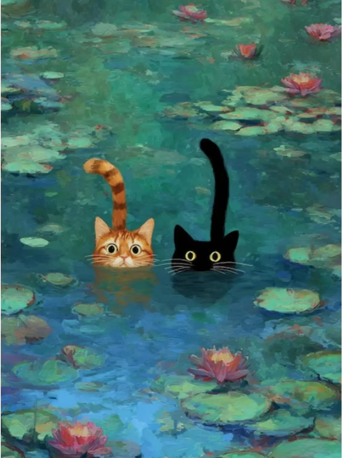 5D Diamond Painting Kit, Monet-Style Water-Lily Floral Impressionist Decor with Ginger and Black Cats Peeking from Lily Pond, Crystal Rhinestone DIY Needlework Wall Art Gift for Toys & Hobbies Enthusiasts
