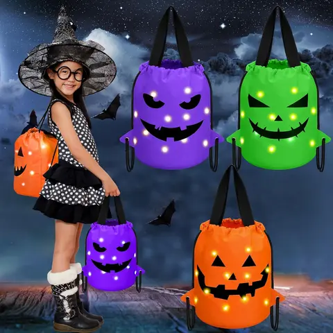 3 Pcs Halloween LED Light-Up Bags Pumpkin Drawstring Bags, Reusable Multipurpose Trick-or-Treat Buckets, Halloween LED Glow Supplies, Party Favor, Festive Gift (For Light-Up Fun), Led Lights