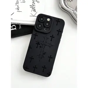 Gothic Style Vintage Religious Symbol Cross Pattern Black Phone Case, Compatible With IPhone 13, 15, 16 Pro Max, 16, 14, 15, 16 Plus, And Galaxy Phones, Suitable As Gift Or Personal Use