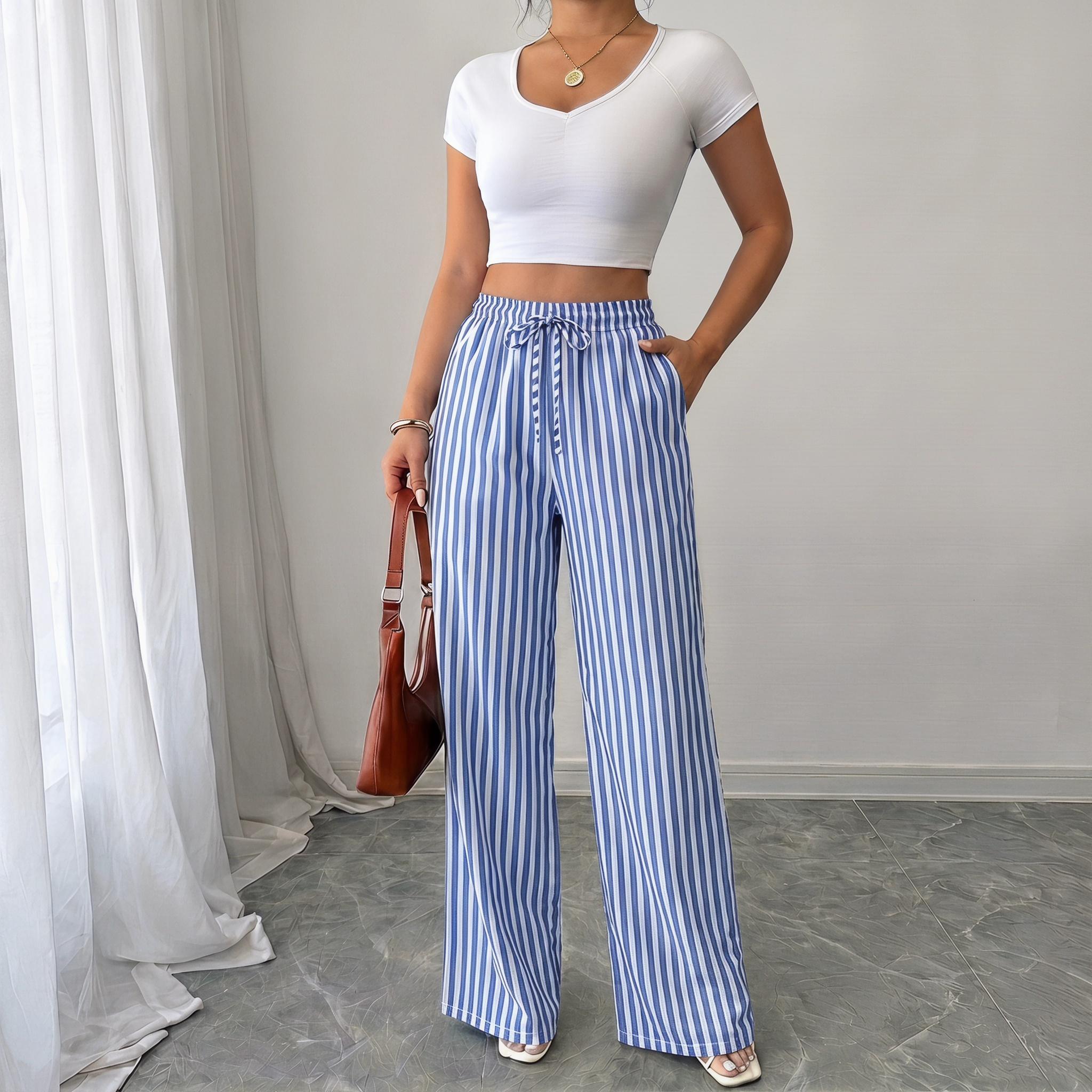 Women’s summer striped loose casual straight-leg pants, lightweight breathable fashionable long trousers suitable for work, travel, everyday wear, 100% polyester fiber
