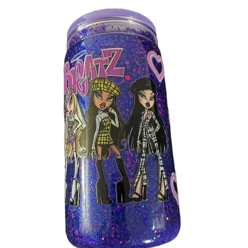 Bratz Glitter Tumbler Cup - Purple Glitter Design with Character Illustrations - Kids' Drinkware
