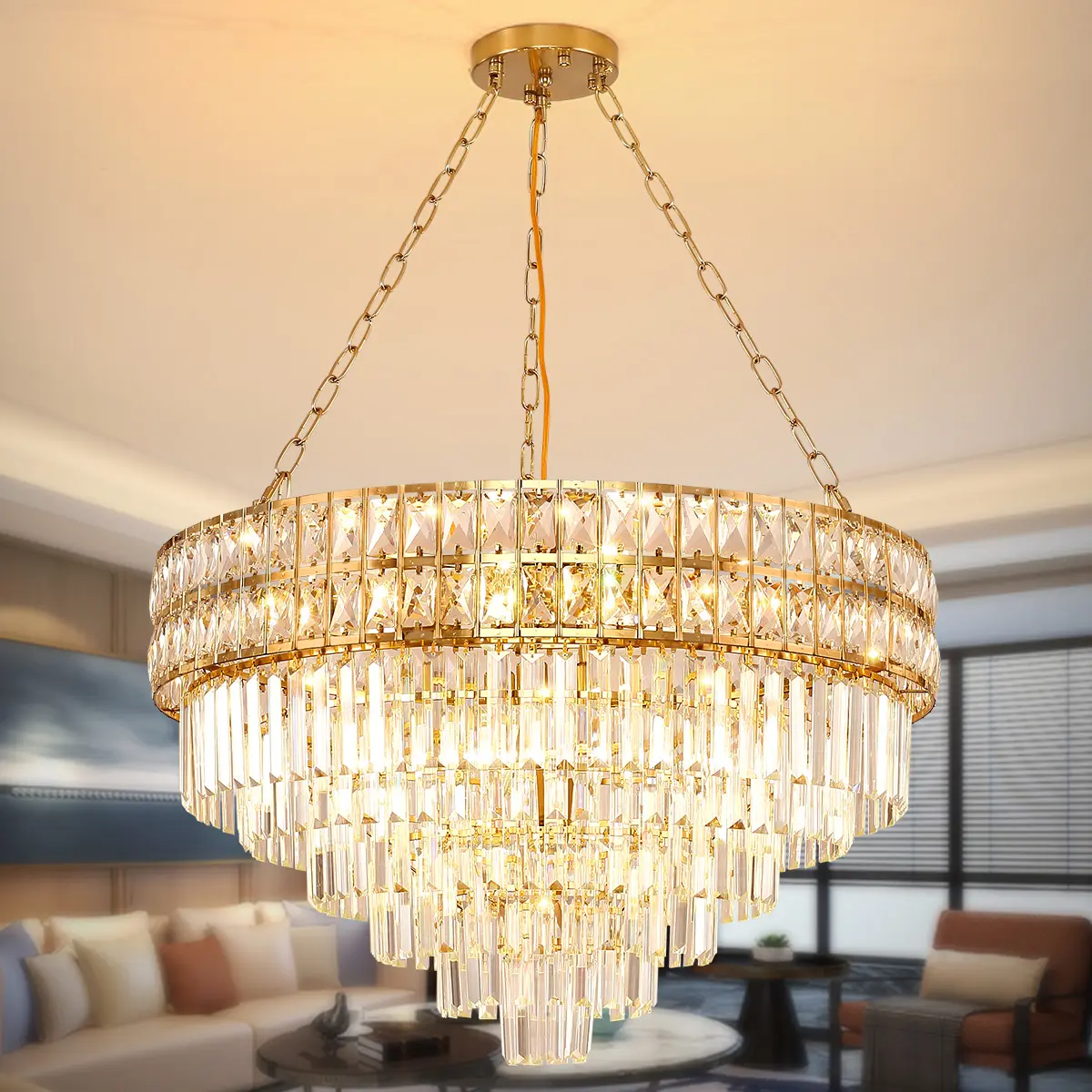 Modern Round Crystal Semi-Flush Mount Ceiling Light - Gold Decorative Design, Indoor Interior Lighting for Dining Room, Foyer Home Improvement Fixture