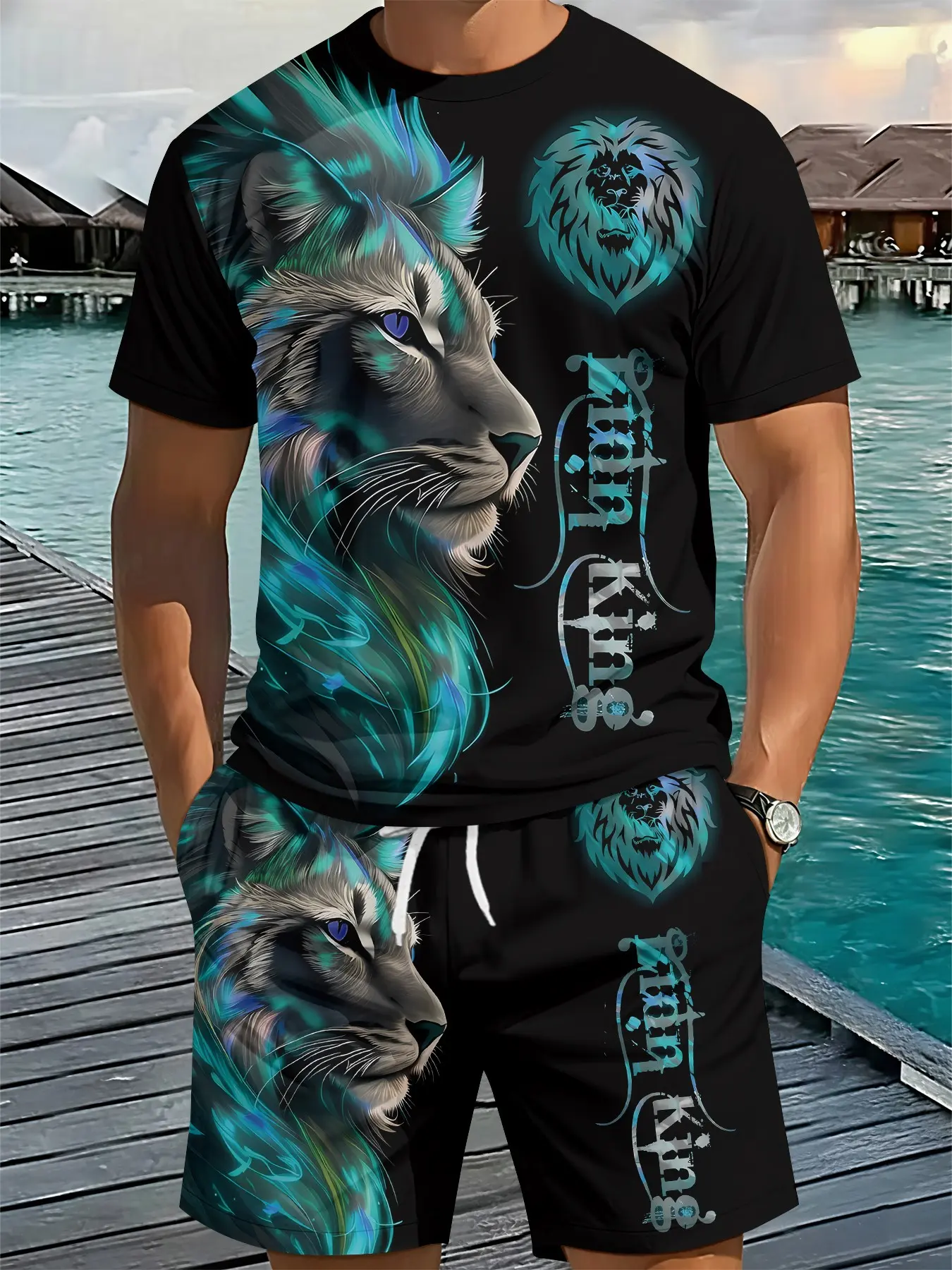 Men's 3D Digital Print Two-Piece Set with Neon Lion Head Pattern, 2Pcs, Trendy Fashion Outfit, Retro Casual Two-Piece Suit, Vacation-Style Tropical Trendy Wear, Breathable Sports Casual Style, Casual Sporty Set, Perfect Festival Gift for Men