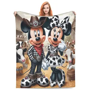 DISNEY CLASSIC Cow Print Western Cowboy Mickey Minnie Throw Blanket, Cute Farm Country Barn Cow Pattern Flannel Fleece Blanket, Soft Lightweight Cozy Blanket for Sofa Bed Couch, Farmhouse Western Decor Gift for Women Kids