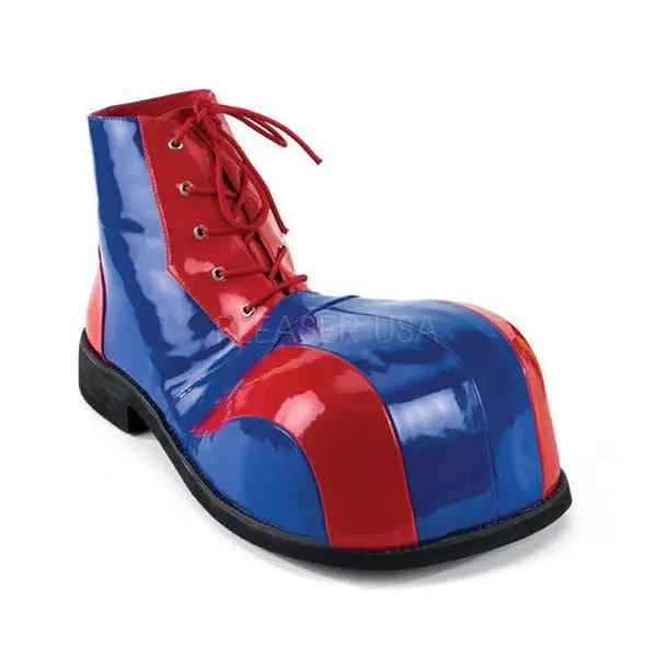 Clown Boots for Men, Red and Blue Patchwork Costume Footwear with a Bump Toe, 1-Size Menswear for Parties