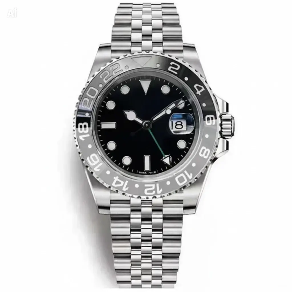 Luxury 41MM GMT Men's Logo Mechanical Watch - Stainless Steel Band, Black Bezel, Precision Waterproof Designer-Style Non-Battery Strapped Multi-Format Timepiece, Designer-Style Mechanical Watches, Non-Battery Mechanical Watches