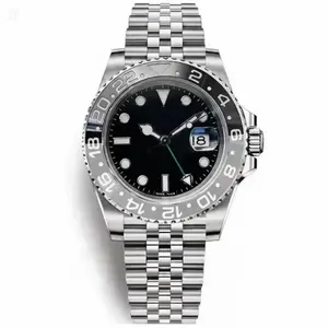 Luxury GMT Men's Watch with Logo - Stainless Steel Band & Black Bezel - Precision Automatic Waterproof Timepiece for Men - 41MM