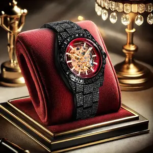Automatic Men's Skeleton Watch with Red Dial Black Diamond Strap Gold Movement Luxury Mechanical Wristwatch