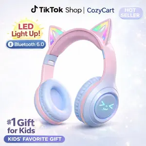 Wireless Bluetooth Cat Ear Headphones LED Light Up Foldable Over Ear with Built in Microphone Long Battery Life for Phone Tablet iPad Laptop Computer Cute Gift for Kids Teens and Adults