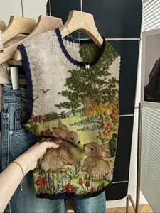 Women's Fitted Knit Top, Vests, Round Neck Sleeveless Design, Animal Pattern Print, Casual Style for Spring Fall Winter Seasons