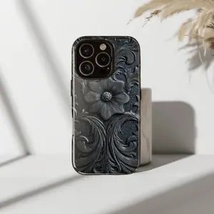 Midnight Black Tooled Leather Aesthetic Phone Case  Western Floral Carved Pattern Protective Cover for iP Phone 17 16 15 14 13 12 11 Pro Max Plus X XR XS