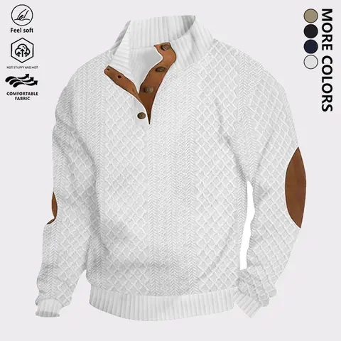Men's Stylish Stand-Collar Jacquard Knit Henley Shirt - Retro New Year Vintage Knitwear, Color-Block Long-Sleeve Fitted Polyester Pullover, Loose Breathable Button-Placket Casual Top for Spring Fall Outdoor