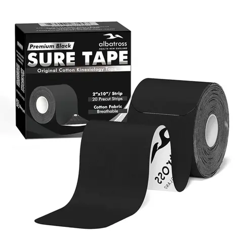 Albatross Health Precut Kinesiology Muscle Tape - 20 Unisex Cotton Lymphatic Drainage Strips (10 in x 2 in), Cost-Effective, Breathable, Elastic, Latex-Free, Hypoallergenic, Curved Corners, Athletic Support, Reduces Swelling, Joint Stability