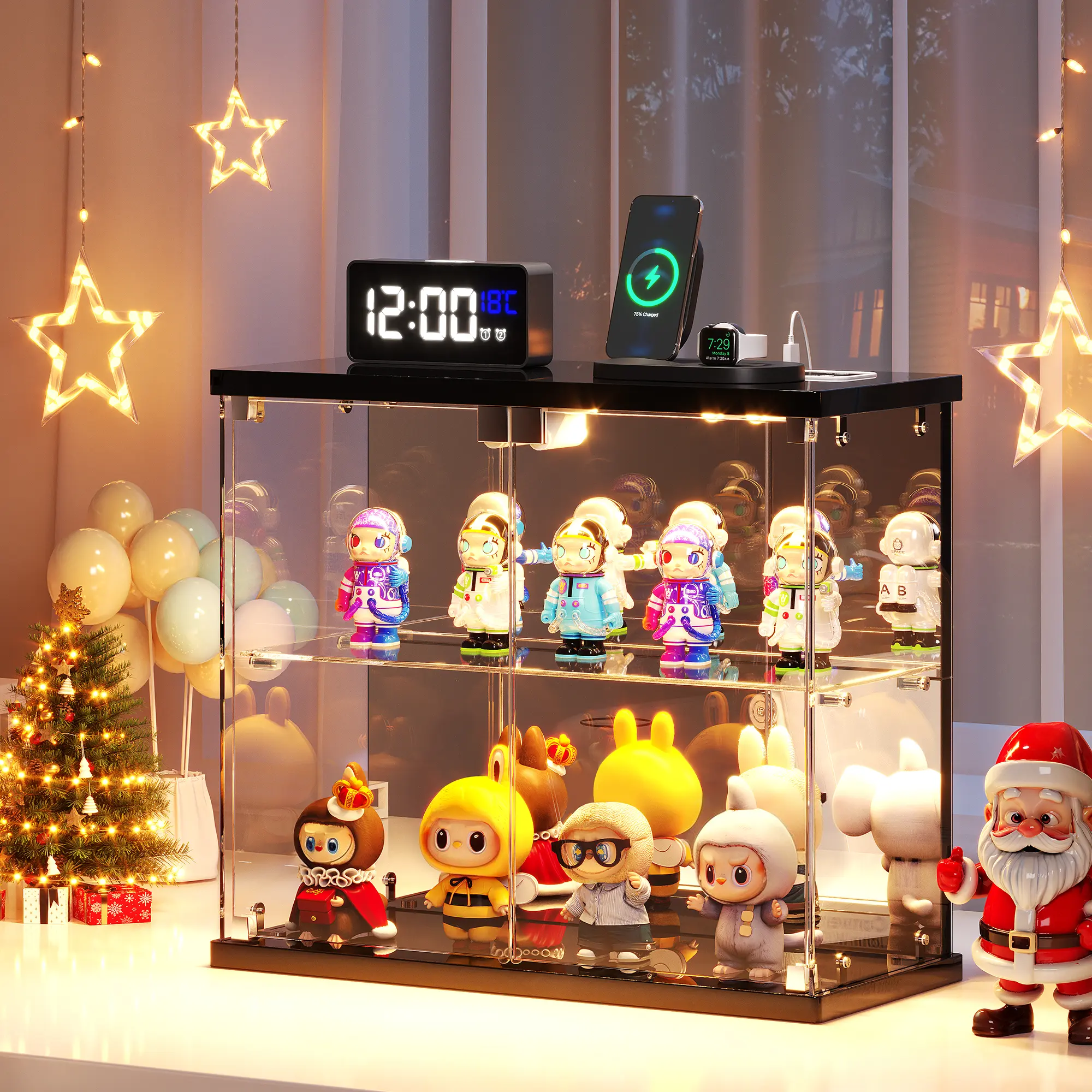 Dystler Lighted Clear Glass Display Case for Figures & Collectibles Small 2-Tier Cabinet with Charging Station LED Lights Human Sensor for Model Car Perfume