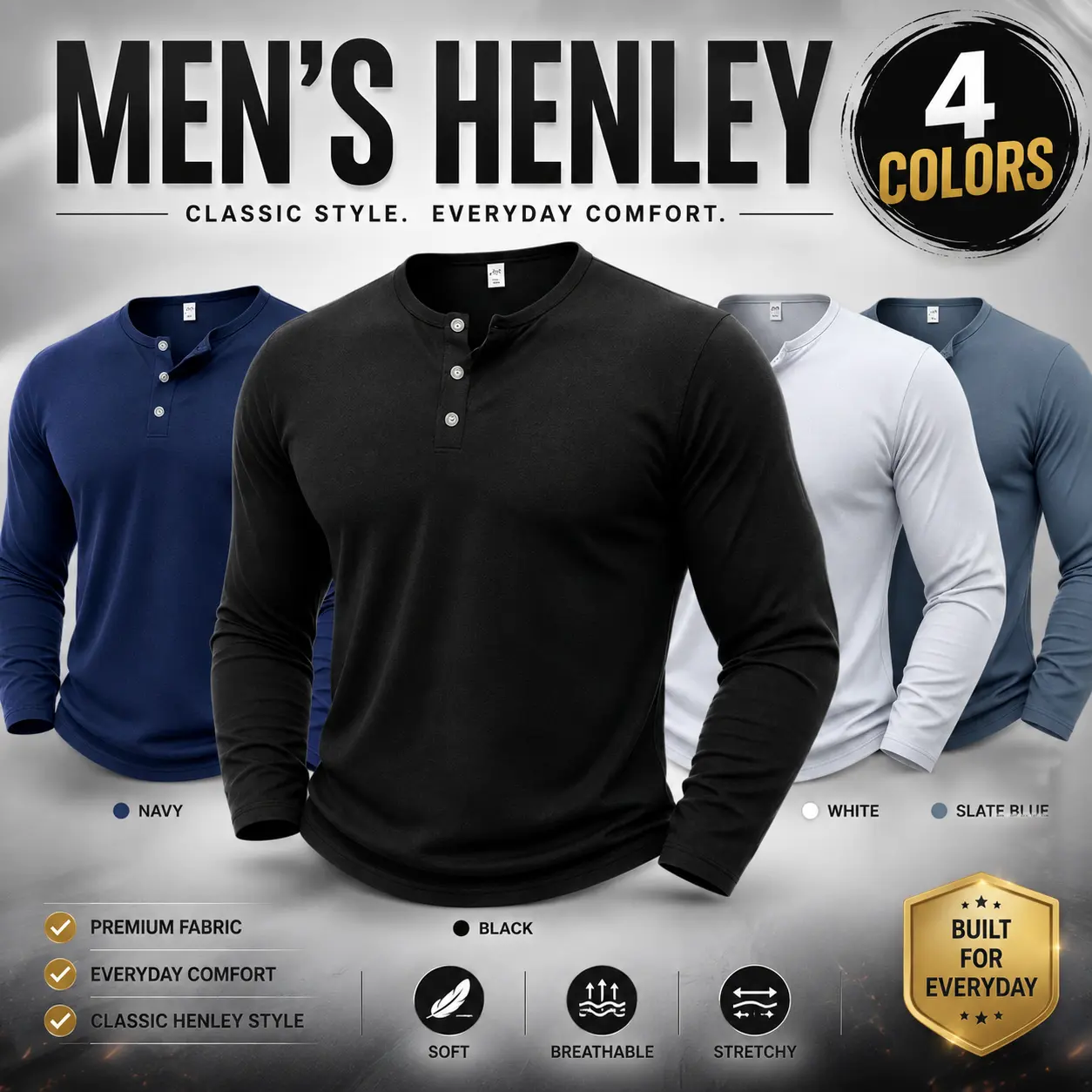 4-Pack Men’s Long Sleeve Henley Shirts – Soft Stretch Casual Button-Front Shirts, Lightweight, Breathable Basic Tops for Everyday Wear