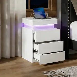 Nightstand With Sliding Top Charging Station And LED Lights Furniture Bedroom Modern Design Bedside Table Drawer Home