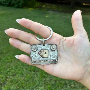 Long Live Cowboy Ace Keychain | Hand Engraved German Silver Base | Western Keychain