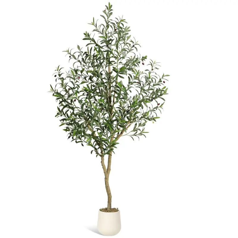 7FT(1PCS) Artificial Olive Tree, UV Resistant Fake Realistic Olive Tree in White Pot with Olives, Moss Decors, Tall Evergreen Faux Plants for Front Door Living Room Garden